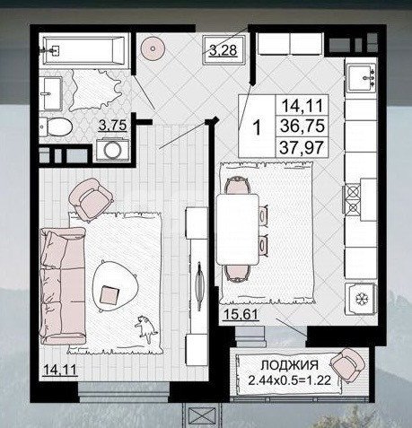 Фото №2: 1-комнатная квартира 38 м² - Майкоп